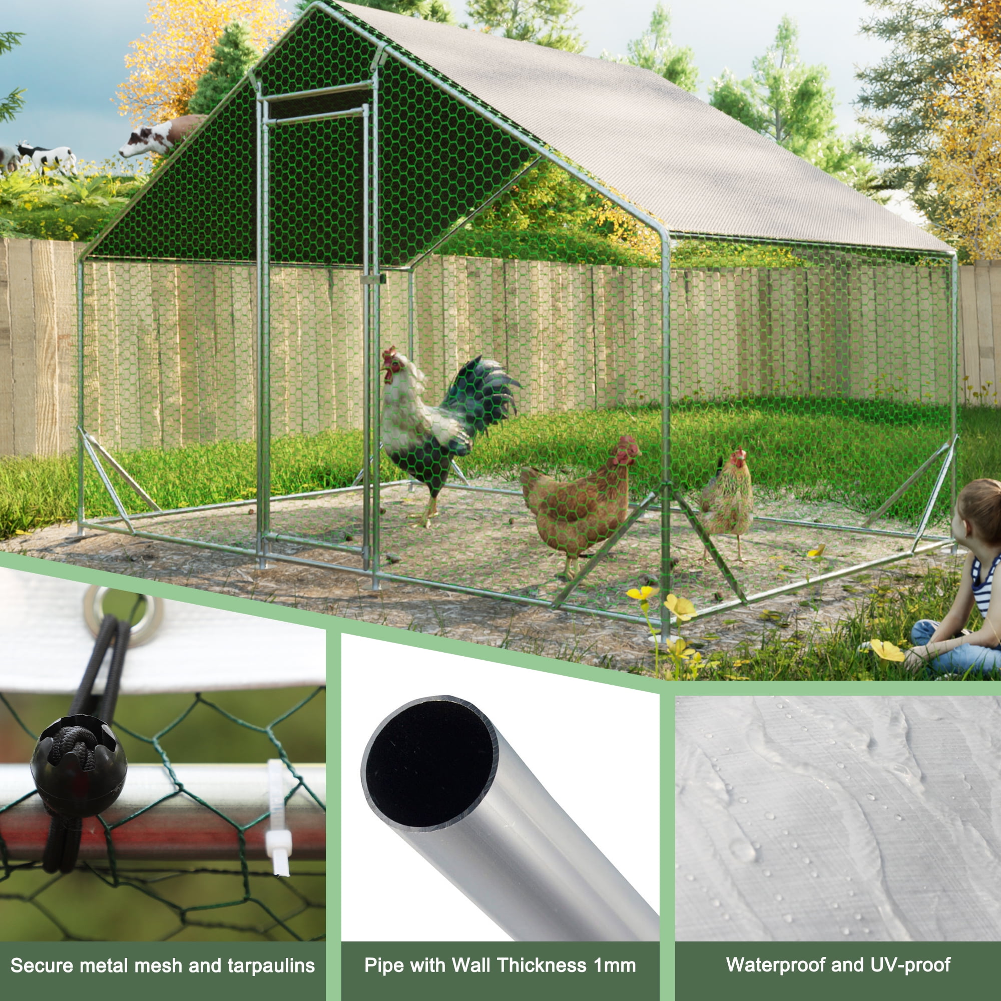 Large Walk-in Metal Chicken Coop 10'×6.6'×6.56', Galvanized Wire Poultry Run Cage with Waterproof Anti-UV Cover for Chickens Ducks Rabbits Outdoor Backyard Farm