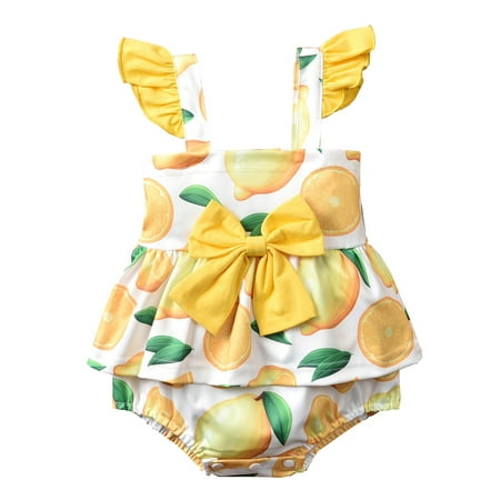 

jaweiw Toddler Girls Summer Romper Watermelon/Lemon Print Ruffled Sleeveless Jumpsuit with Bowknot for Baby Girls 0-12 Months