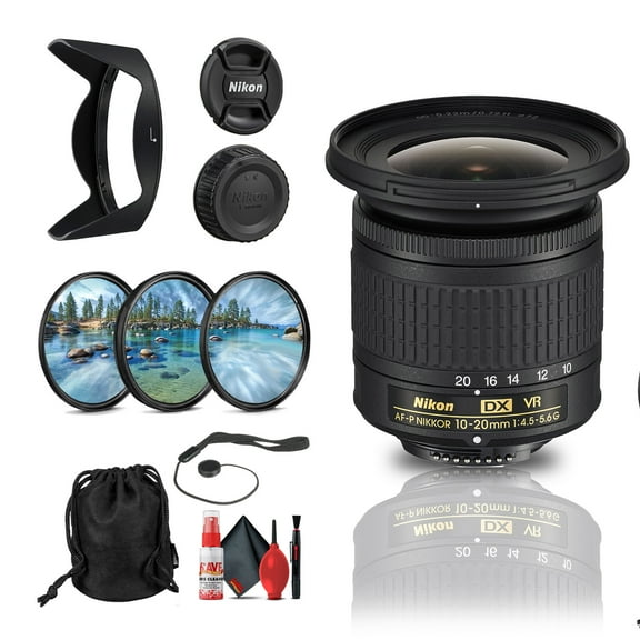 Nikon AF-P DX NIKKOR 10-20mm f/4.5-5.6G VR Ultra Wide-Angle Zoom Lens for APS-C F-Mount Cameras (20067)   Filter Kit   Cap Keeper   Cleaning Kit