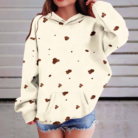 PiGOGI Children Cow Pattern Hooded Pullover Long Sleeve Sweatshirt Cute Animal Print Hoodie with Pocket for Girls Boys Multicolor 13-14 Years