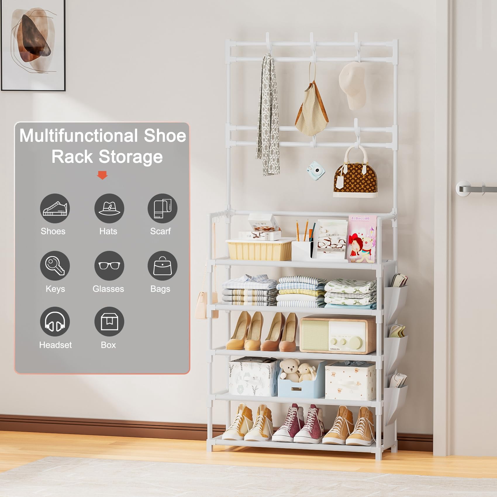 Shoe Rack 5 Tier Organizer Storage 15-20 Pairs Shoes For Closet Entrance With Hooks And Side Pocket Entryway Holder Space Saving Free Standing Racks