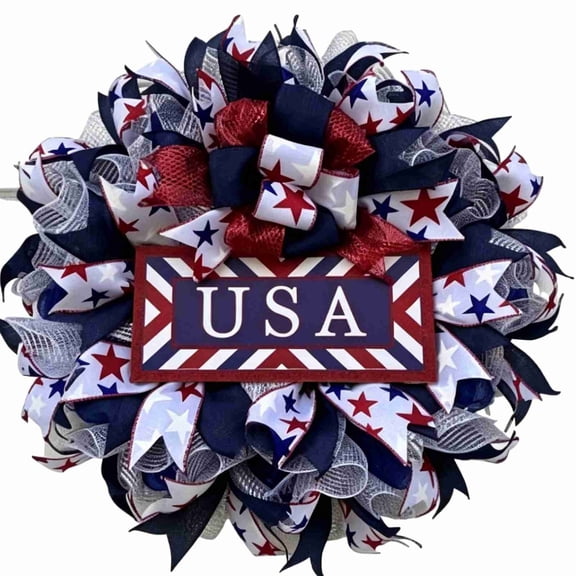 Hovilon 16 Inch Patriotic Mesh Wreath, Red White and Blue USA Front Door Decor with Star Accents, All-Weather Outdoor Wreath for Independence Day Memorial Day Labor Day Porch Wall Party Decoration