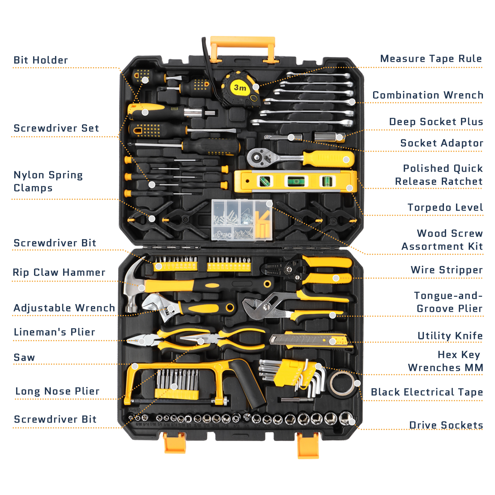 Ktaxon 198 Piece Tool Set, General Household Hand Tool Kit Socket Wrench Auto Repair Tool, W/ Storage Case, Yellow - image 2 of 7