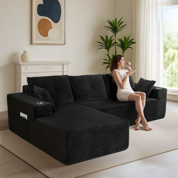 BYBYME 104" Cloud Sectional Couch with L-Shape Chaise Modern Comfy Modular Plush Corduroy Sofa for Living Room, No Assembly Required, Left Facing Chaise,Black