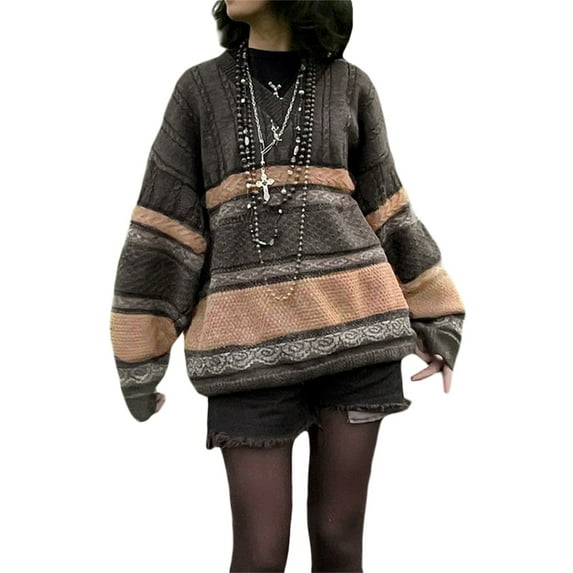 Douhoow Women Argyle Striped Sweater Vintage Preppy Style Knitted Pullover Loose Knitwear