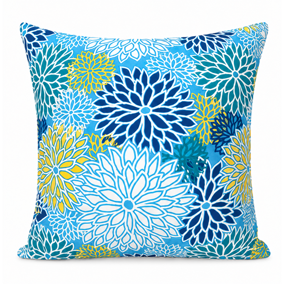 Set of 2 Blue Yellow Floral Throw Pillow Covers 18x18 Inch, Double-Sided Plush Decorative Pillowcases, Bright Dahlia Pattern Cushion Covers for Outdoor Patio Couch Sofa