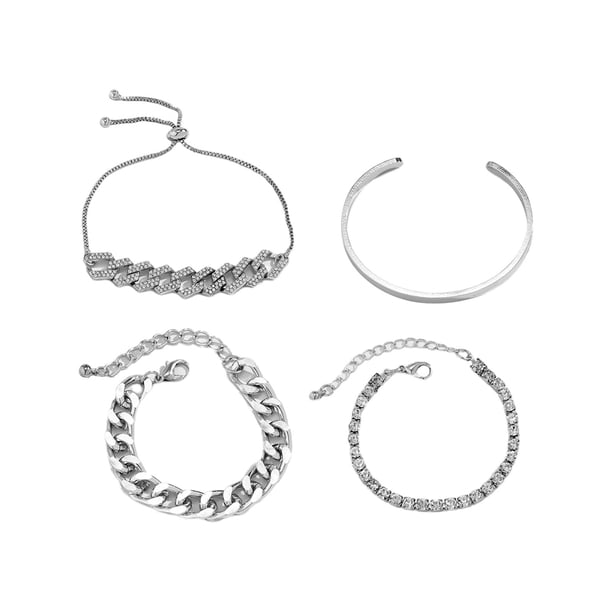 Pulseras de muñeca gruesas, brazaletes cubanos abiertos, conjunto de pulseras envolventes para amigos Plata