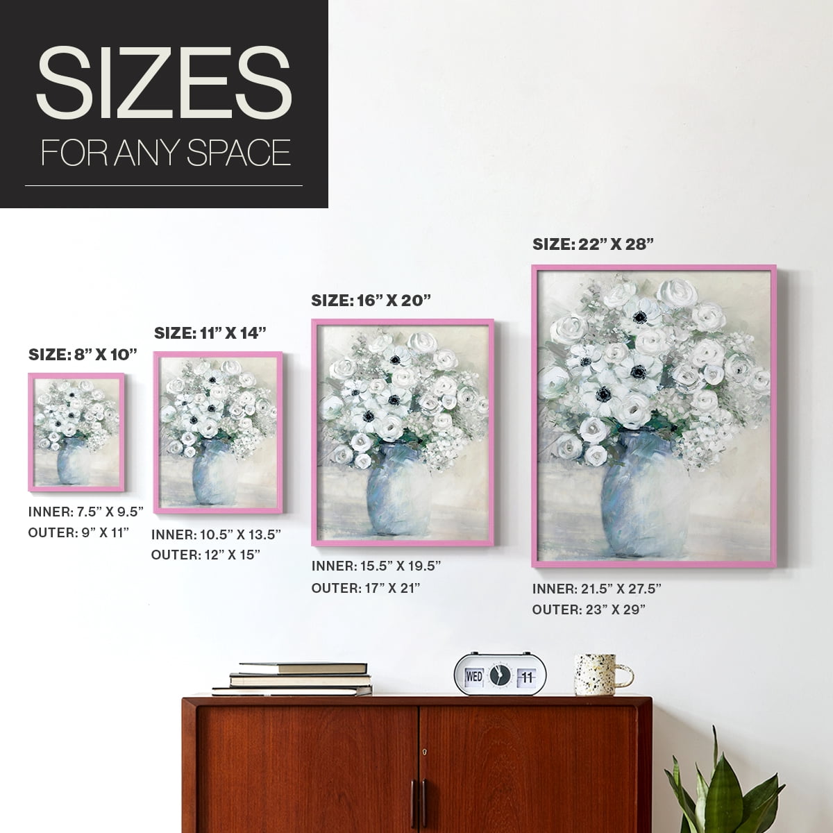 White Anemone Bouquet Framed Print in Pink Solid Wood 11 x 14 Framed Print