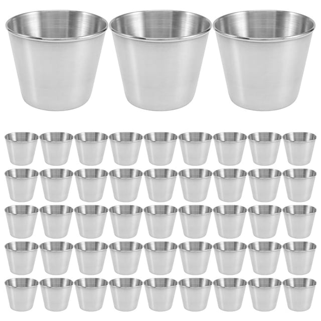 48 paquetes de vasos para salsa de condimentos de 1,5 oz/45 ml, vasos de acero inoxidable para salsa de inmersión, platos reutilizables para condimentos