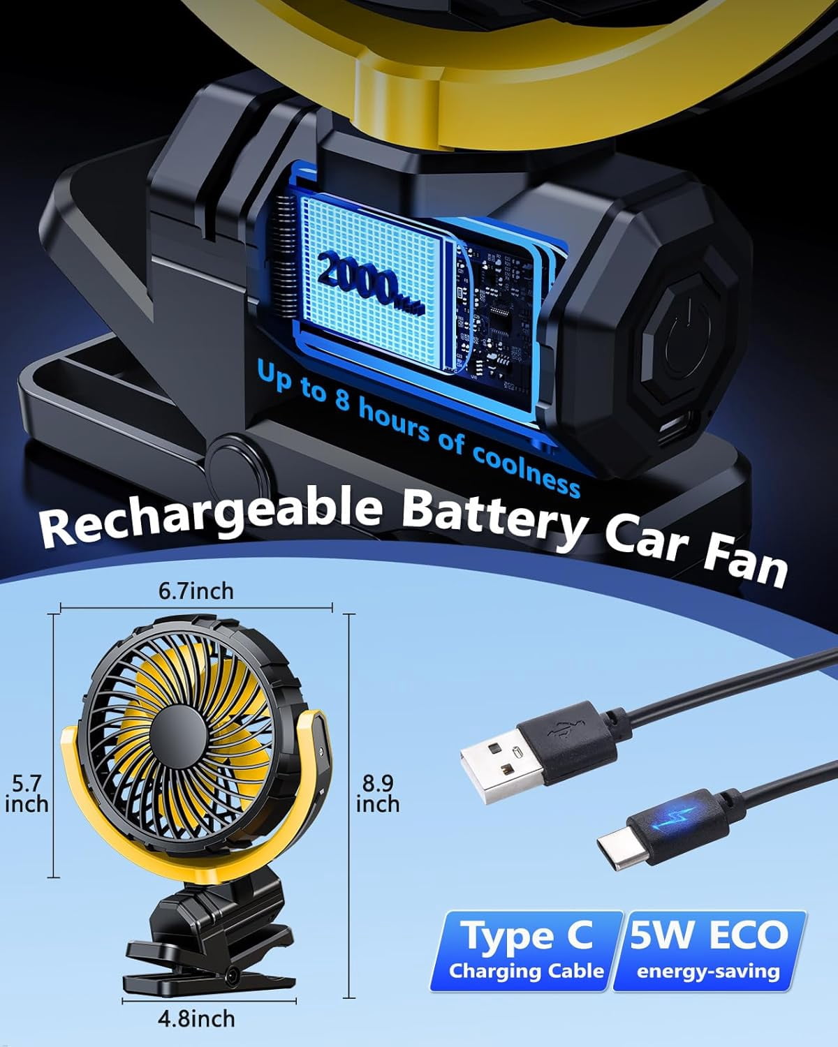 Battery Powered Clip On Fan for Car Visor Back Seat Roof Handles, Portable Car Fan Rechargeable for SUV Van RV Pickup Truck Camping Desk Bed Stroller Baby Crib, Quiet 360 Rotation(Yellow)