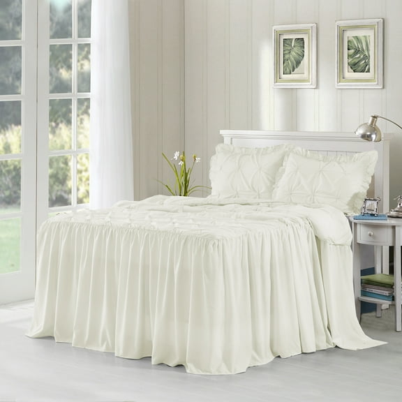 MallenHome Pintuck Ruffle Skirt Bedspread/Coverlet Set Ivory Color King Size