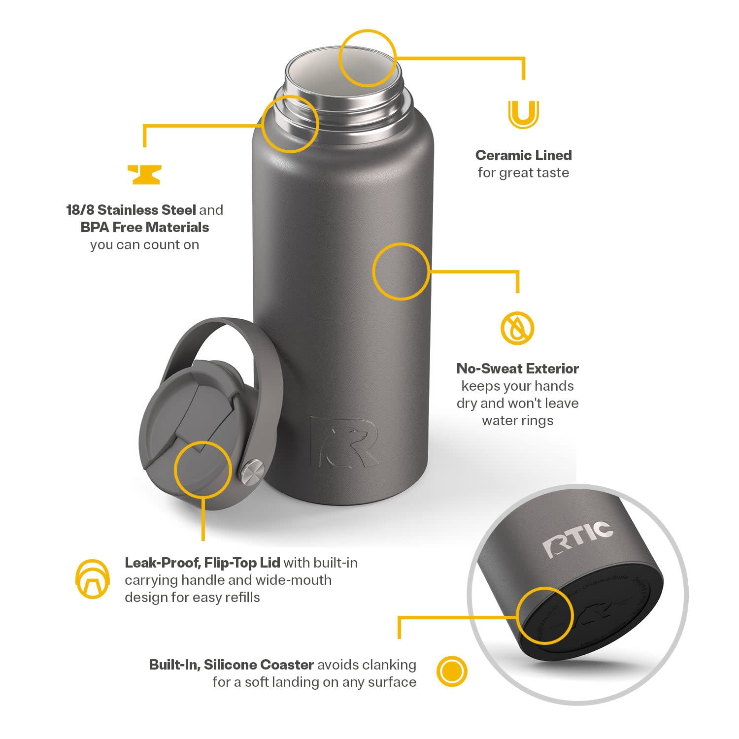 RTIC 32 oz Ceramic Lined Insulated Outback Water Bottle, Leak Resistant, Graphite