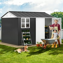 Uforic 10' x 8' Outdoor Storage Shed, Waterproof Metal Shed with Windows, Lockable Doors Gray/White