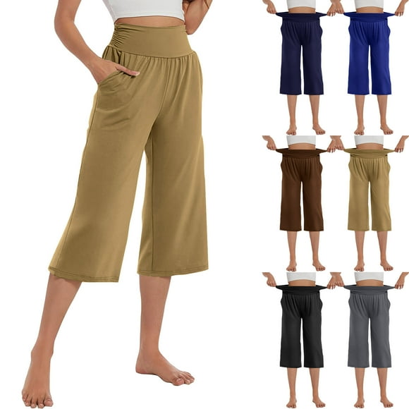 NJDVHB Summer Pants Women,Sweatpants for Women,Beach Pants Women,Yoga Pants with Pockets for Women Solid Casual Cropped Pants,Brown,S