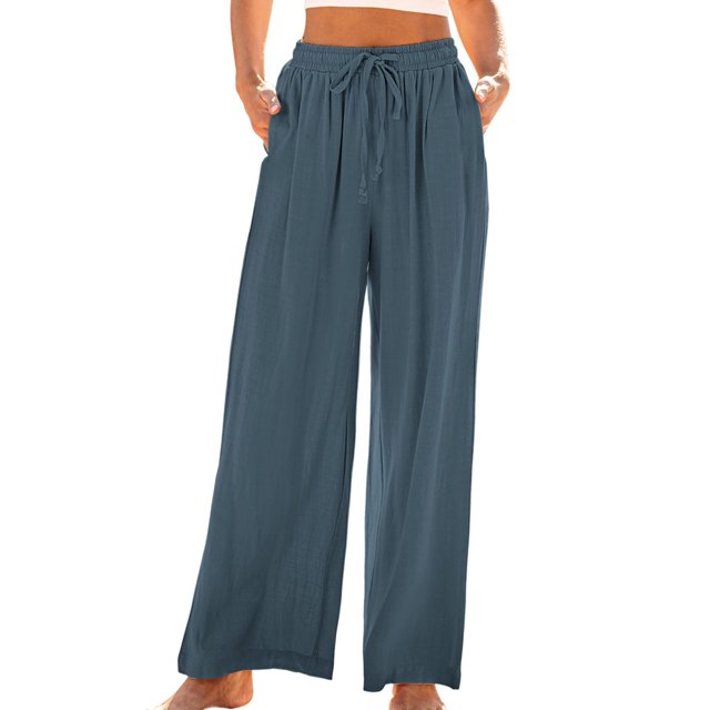 Eryao Plus Size Wide Leg Pants for Women Elastic High Waisted Drawstring Pants Casual Flowy Solid Color Trousers with Pockets,Navy,S