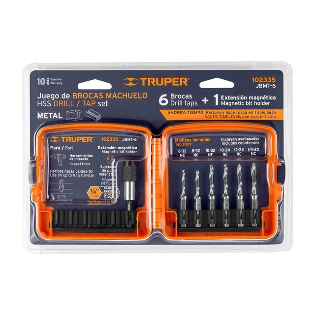 Juego de 6 brocas HSS con machuelo para metal, Truper Truper JBMT-6