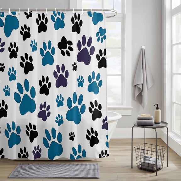 Bathroom Shower Curtain Cute Dog Paw Print on White Waterproof Shower Curtains with Hooks, Animal Footprints Seamless Bath Curtains Bathtub Curtain Home Decor 36x72in