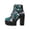 Blue, variant on Goth Platform Ankle Boots for Women, Lace‑Up Chunky High Heel Combat Booties, Victorian Floral Plaid Printed Upper Lug Sole Shoes for Halloween Party Street Outfit, Wine 8.5