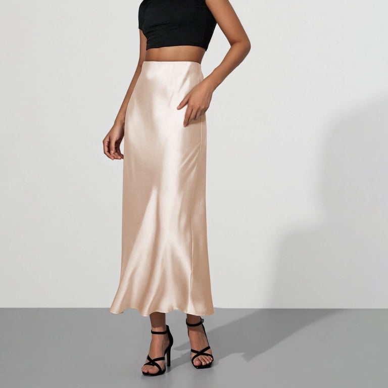 qucoqpe Womens Satin Silk Maxi Skirt Fashion High Waist Slit