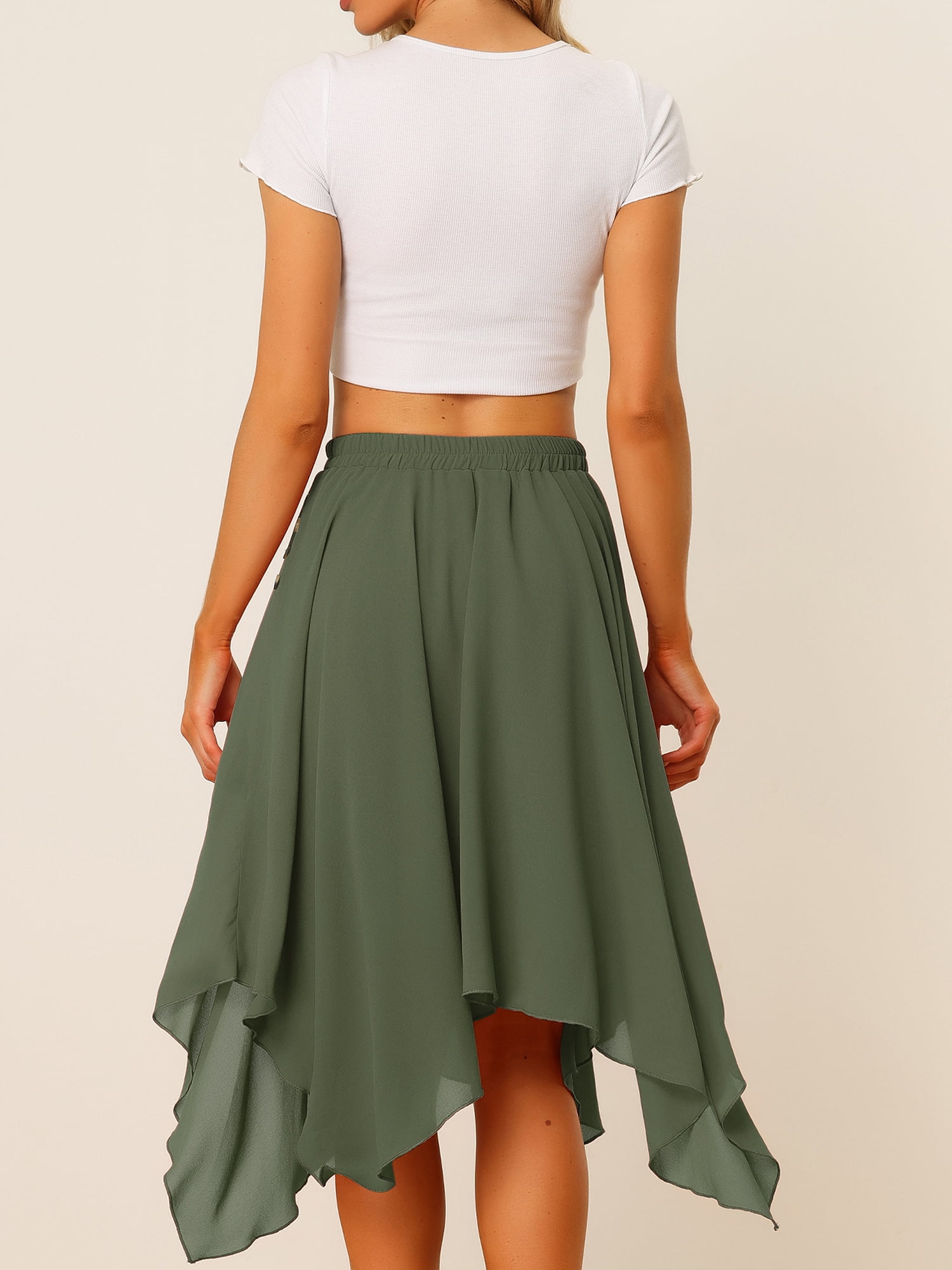 DARING DIVA Women's Asymmetrical Hem Elastic Waist Chiffon Flowy Midi Skirt Medium Army Green