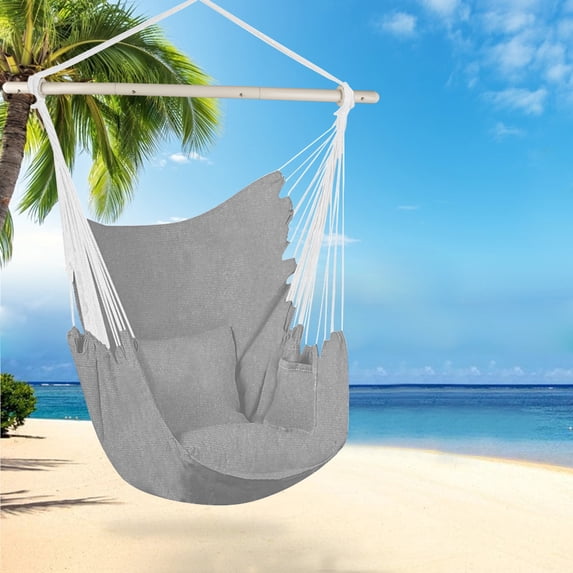 Hammock Chair Hanging Rope Swing, Hammock Chair Swing with Detachable Support Bar, 2 Seat Cushions & Carry Bag, Hanging Swing Chair for Home Bedroom Patio Deck Yard Garden, Support up 330 lbs, B8802