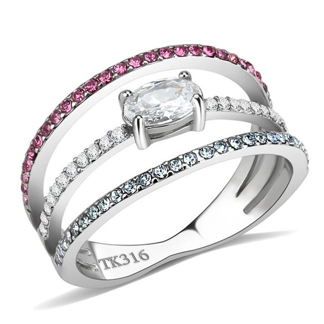 Alamode DA386-7 Bague en Acier Inoxydable Poli pour Femmes avec Grade AAA CZ en Multi Couleur - Taille 7
