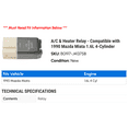 thumbnail image 2 of A/C & Heater Relay - Compatible with 1990 Mazda Miata 1.6L 4-Cylinder, 2 of 2