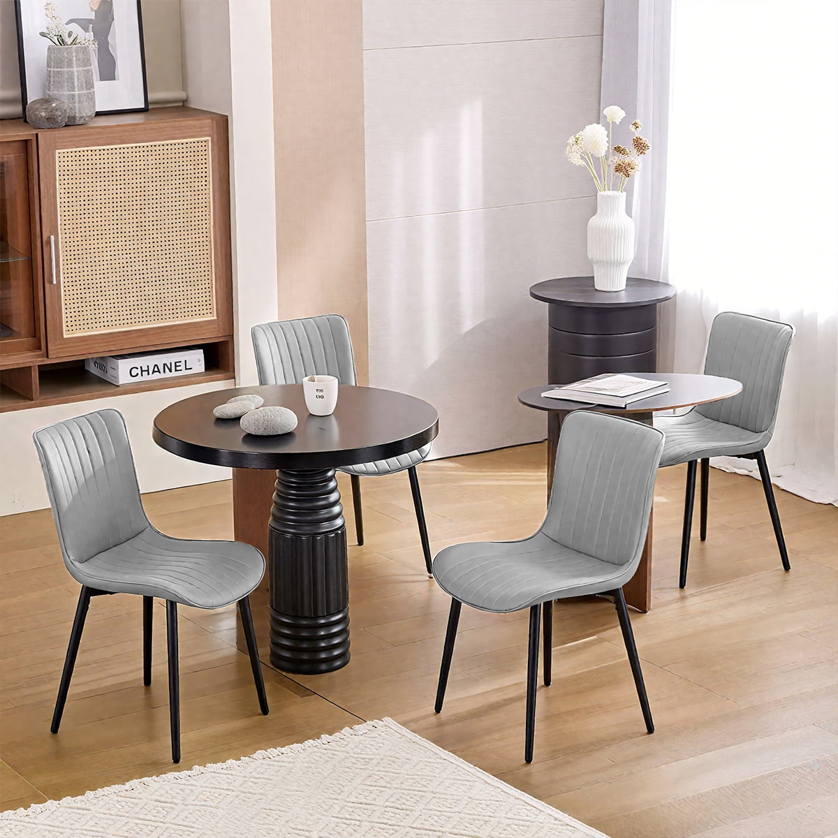 L'AGRATY Modern Dining Chairs Set of 4, High Back PU Leather Upholstered Kitchen Chairs with Cushion - Heavy Duty Metal Legs for Dining Room, Restaurant, Cafe (Grey)
