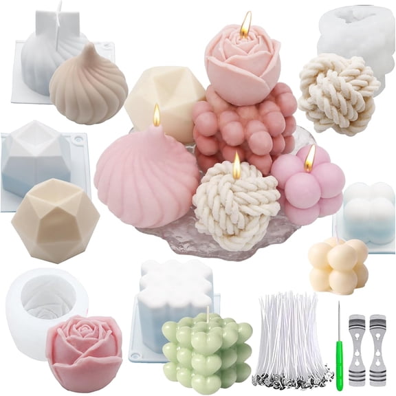 Silicone Candle Molds Kit, DIY Aromatherapy Candle Making Supplies with Candle Wicks and Tools, 3D Rose Knot Ball Bubble Heart Geometric Swirl Molds for Handmade Candle Soap Resin Crafts