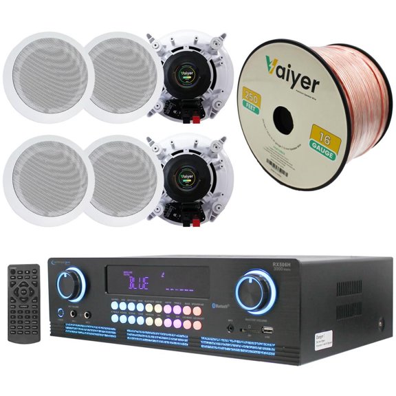 Technical Pro Home Theater System Kit with 2000W Bluetooth Amplifier, 6 In-Wall/In-Ceiling Speakers, Remote Control and 200 ft Speaker Wire