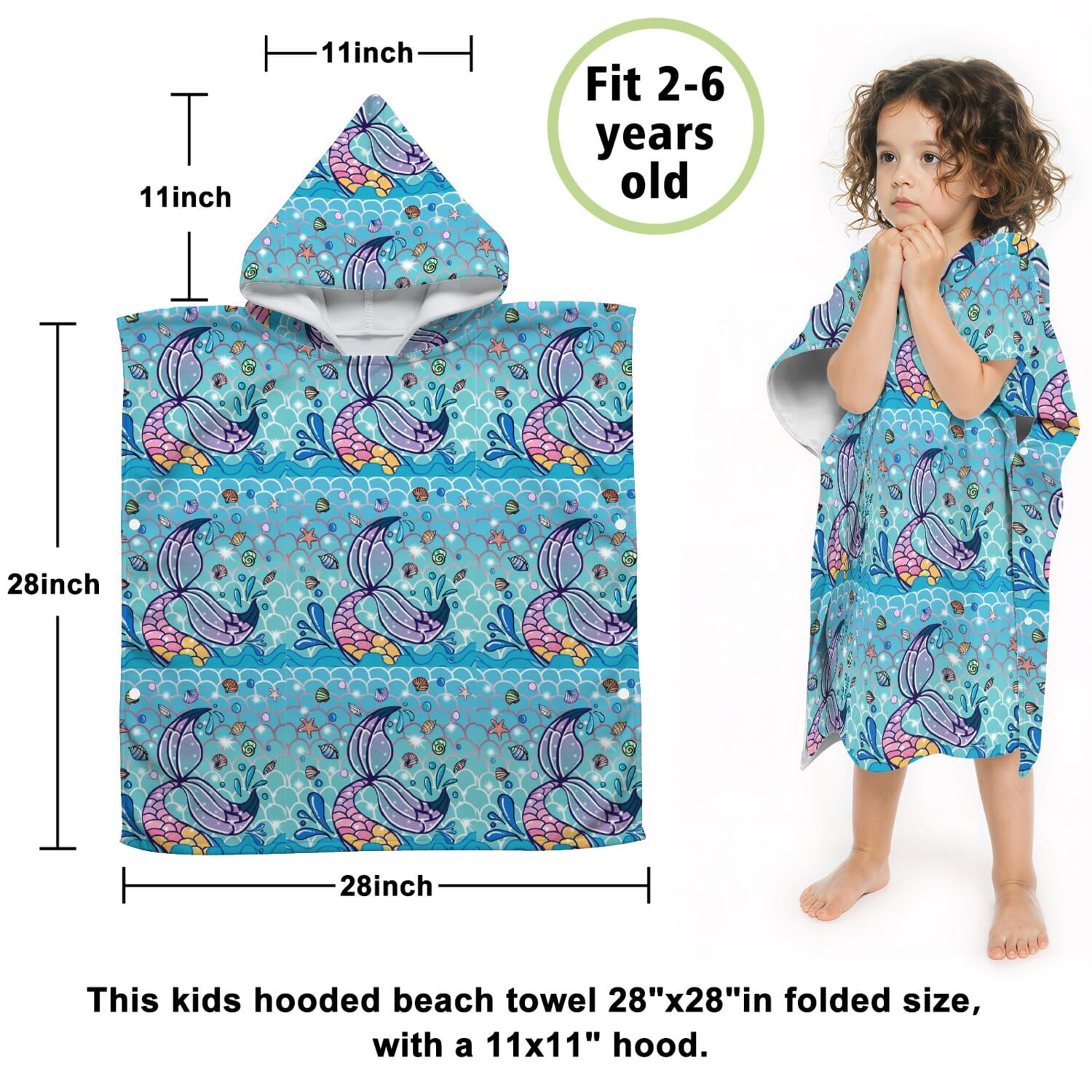 Hooded Kids Beach Towels - Toddler Bath Towel Girls Boys Swimming Cover-ups for Ages 2 to 6 Kids Pool Towels Quick Dry Lightweight Soft Microfiber Poncho Towel 28x28 (Mermaid Seashell)