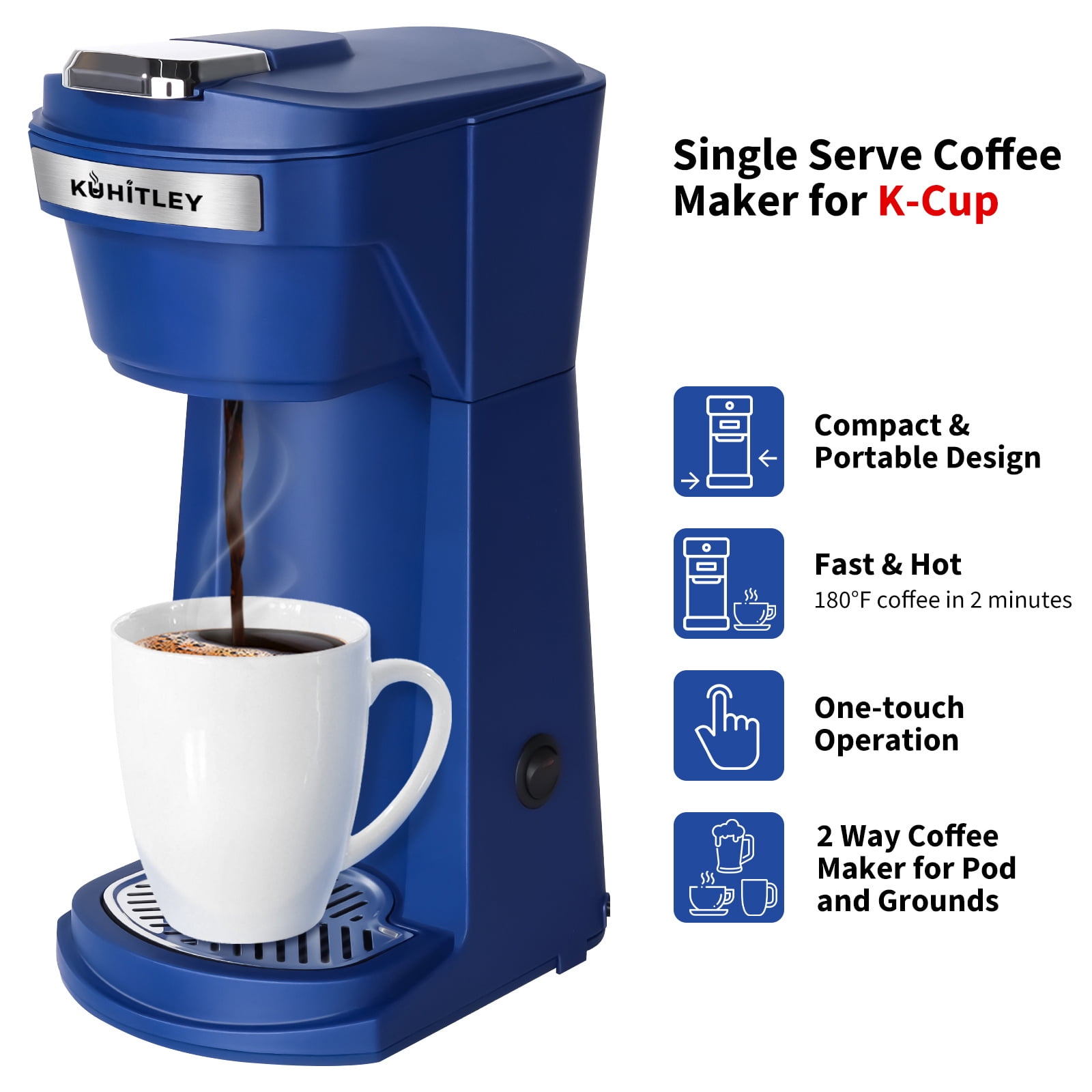 2 in 1 Single Serve Coffee Maker for K Cup Pods & Ground Coffee, Mini K Cup Coffee Machine with 6 to 14 oz Brew Sizes, Single Cup Coffee Brewer with One-Press Fast Brewing, Reusable Filters,Blue