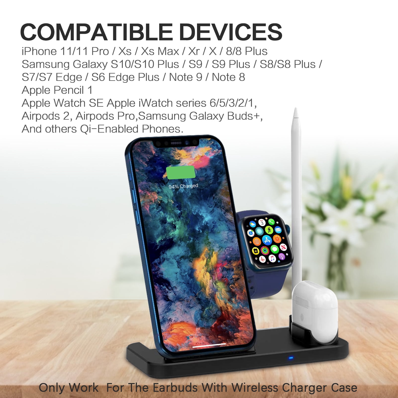 Wireless Charging Station for Apple Products, 4 in 1 Apple Watch Charger with Qi-Certified 15W Charging Dock for Multiple Devices, iPhone Charging Station Compatible with Apple Watch& Airpod & Pencil