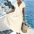 thumbnail image 2 of Women's Solid Color Wrap V Neck Midi Dress Short Sleeve Tie Waist Casual Vacation Dress with Pockets Beige M(M), 2 of 7
