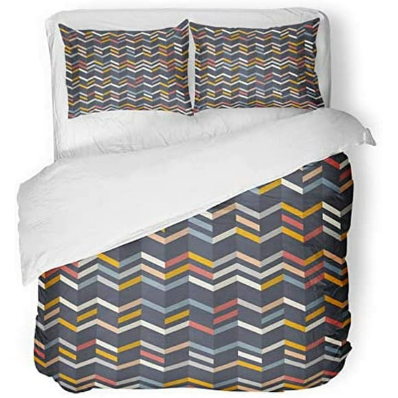 RYLABLUE 3 Piece Bedding Set Teal Line Zigzag in Yellow Orange and Red Colors on Blue Chevron with Zig Zag Twin Size Duvet Cover with 2 Pillowcase for Home Bedding Room Decoration