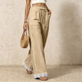 thumbnail image 5 of Women's Lightweight Lace Hem Beach Pants Ruffle Elastic Waist Wide Leg Palazzo Pants Textured Summer Pockets Casual Pants Fashion Bottoms Khaki, 5 of 7