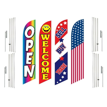 4 Swooper Flags With 4 Pole Kits Open Welcome Sell Buy Trade America