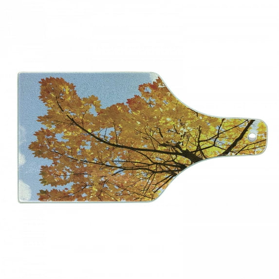 Leaves Cutting Board, Autumn Maple Tree from Bottom to Top View Environment Flora Season November Print, Tempered Glass Cutting and Serving Board, Wine Bottle Shape, Orange Blue, by Ambesonne