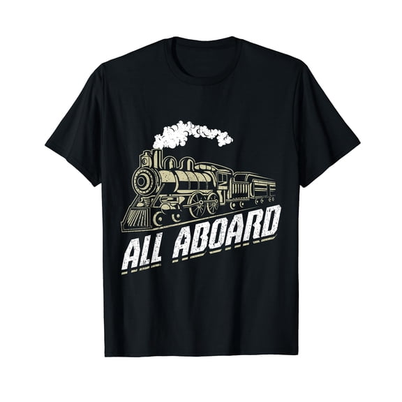 Funny Model Railway Design All Aboard Train T-Shirt Black Tee