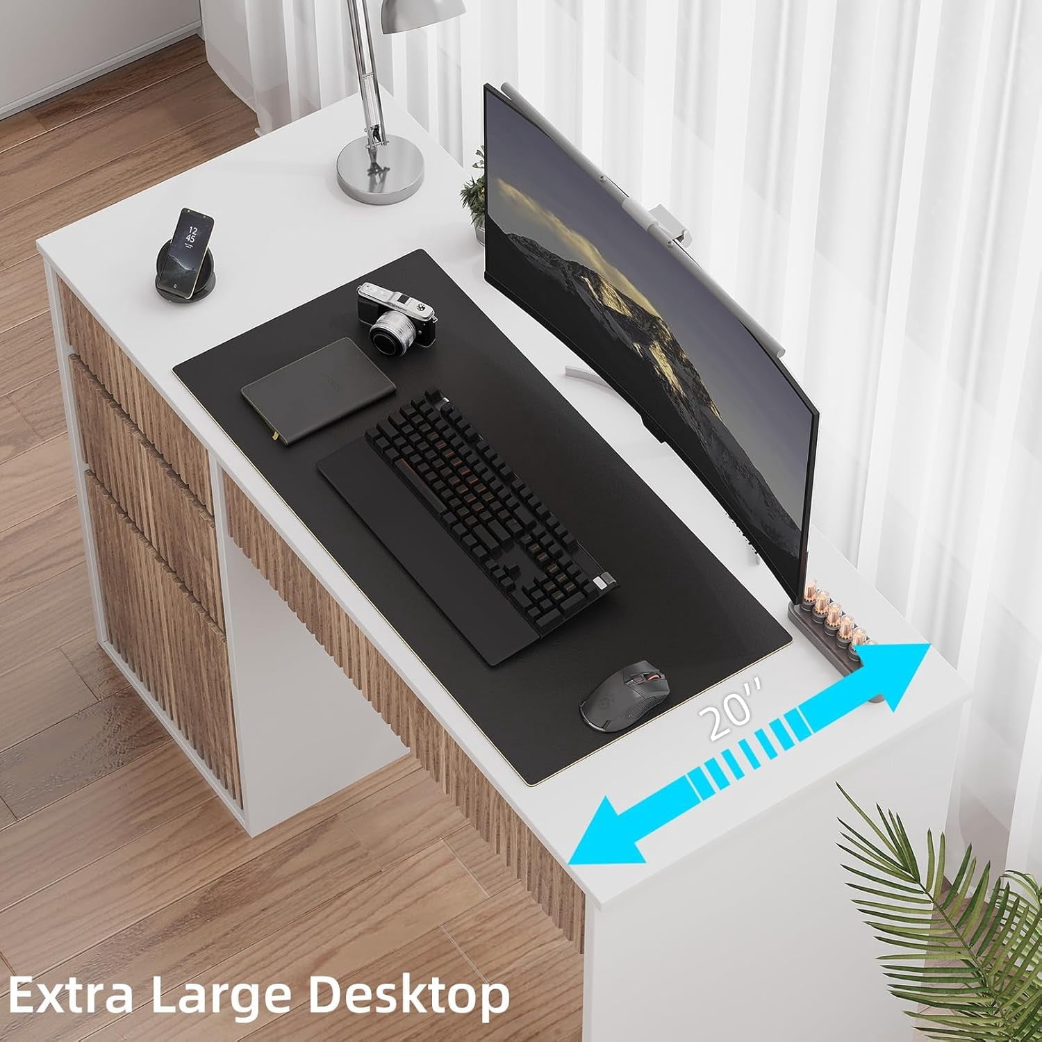 DreamCurship White Desk with 4 Drawers, 48 inch Computer Desk with Storage, Home Office Desks with Hidden Handle, White and Walnut