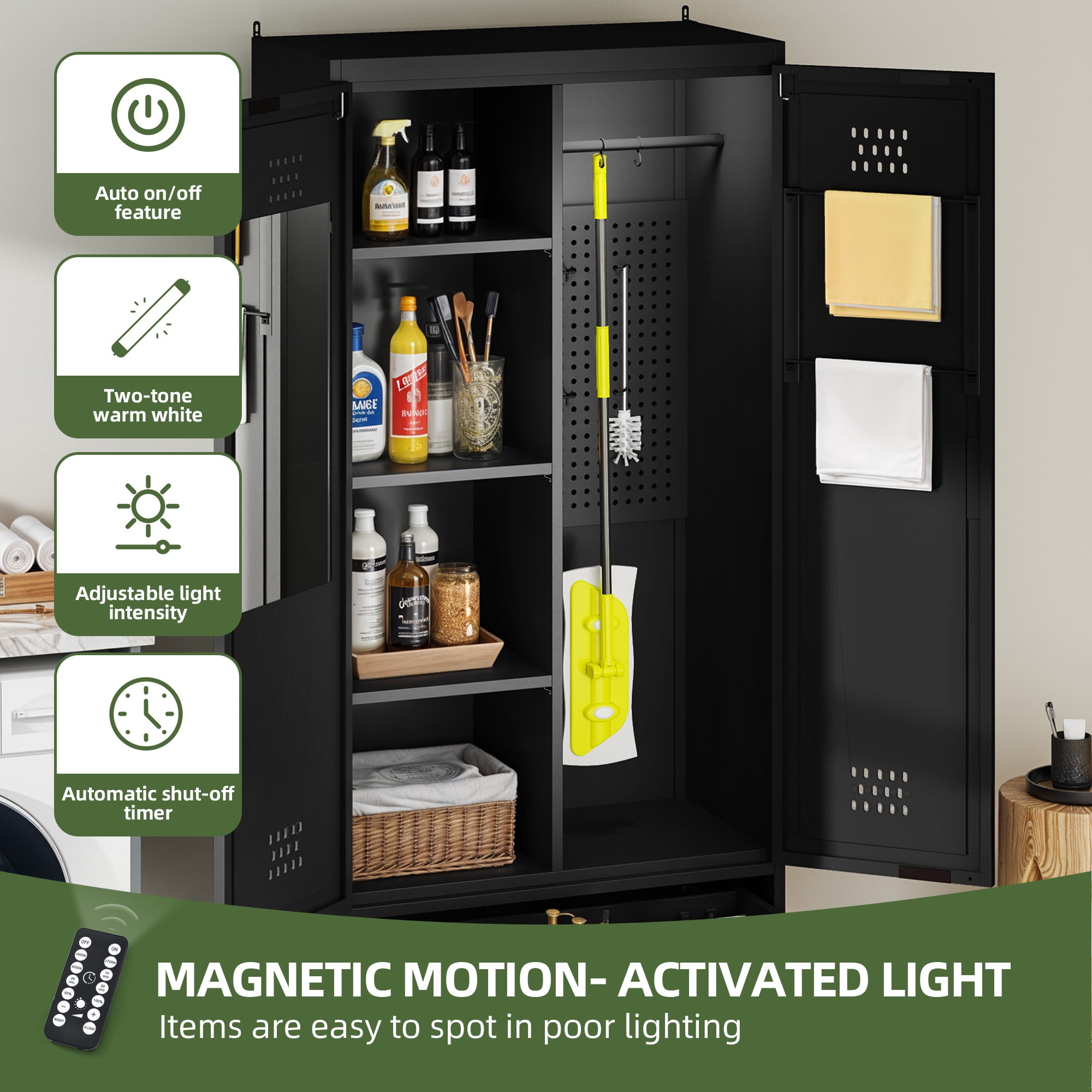 Uforic 70.9" Garage Storage Cabinet with Doors & Shelves, Metal Cabinet with Lights, Black