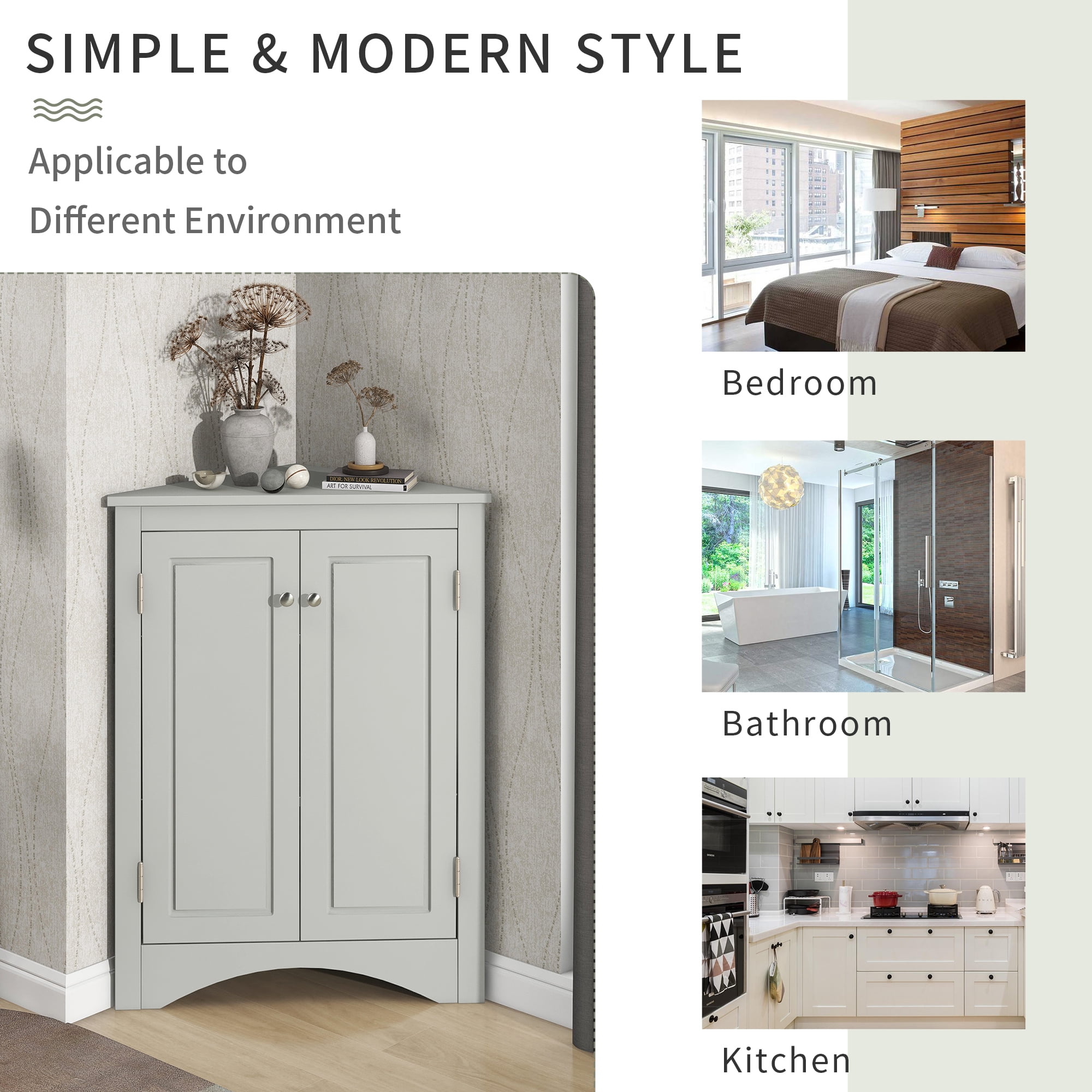 Corner Cabinet Storage Wooden Triangle Bathroom Storage Cabinet with Adjustable Shelves and Two Doors for Kitchen, Living Room and Hall Grey