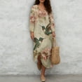 thumbnail image 4 of COEQINE Wrap Dress for Women 3/4 Sleeve Midi Length Church Dress Loose Fit Tunic Style, Linen-Like Polyester, V-Neck Design Loungewear, Size 4XL, Vintage Hummingbird Floral, 4 of 6