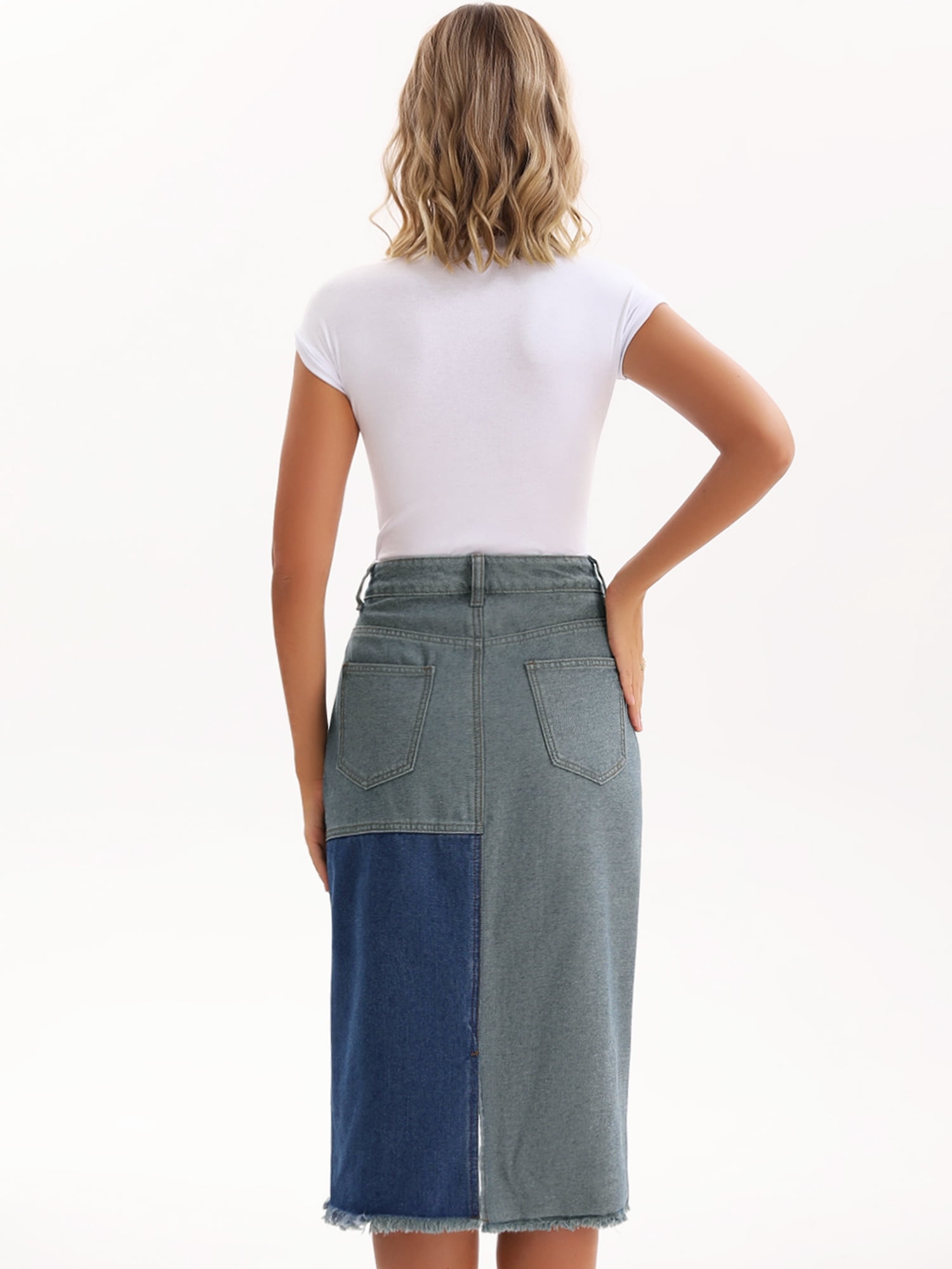 DARING DIVA Women's Raw Hem Midi Jean Skirts with Slit Medium Blue