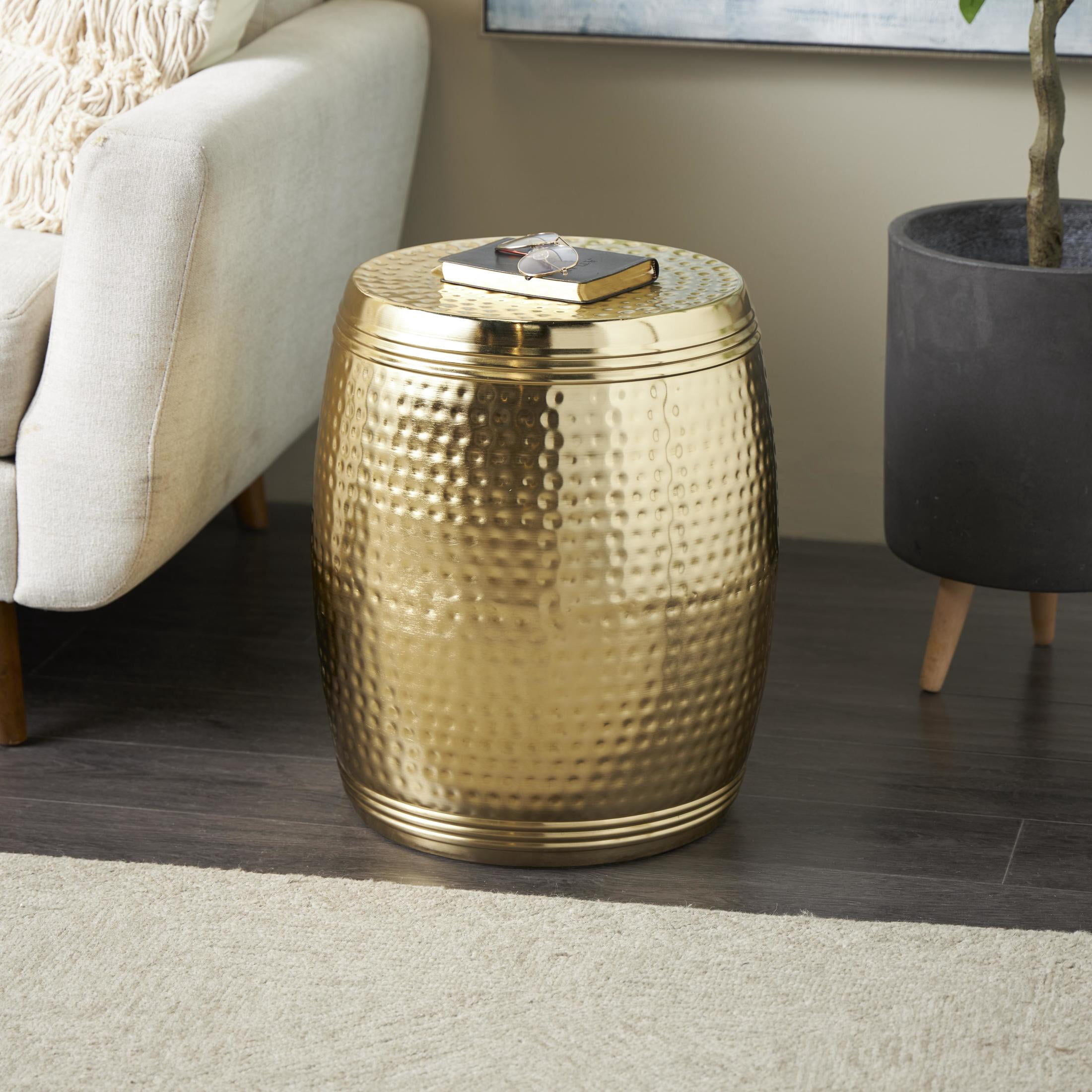 DecMode 16" x 19" Gold Metal Handmade Drum Accent Table with Hammered Design, 1-Piece