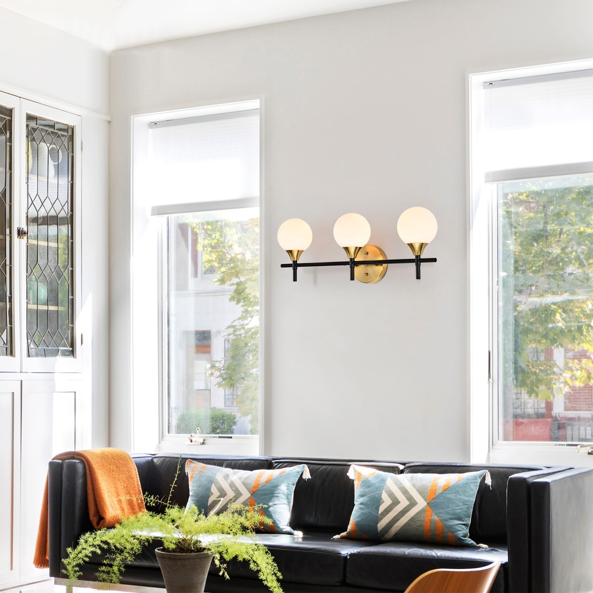 Aeneas 17 in. 3-Light Indoor Matte Black and Brass Finish Wall Sconce with Light Kit
