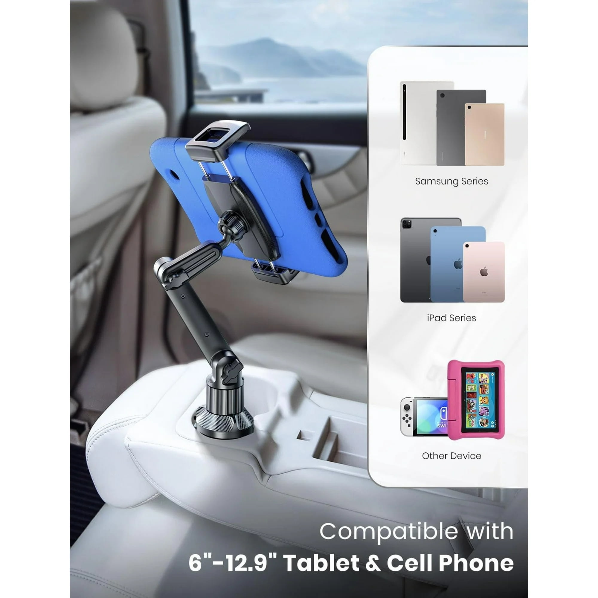 Tablet Holder for Car, for iPad Cup Holder Car Mount with 1.57" Depth Large Clamp 15" Height Adjustable for iPad Holder for Car for 6"-12.9" Cell Phone iPhone iPad Stand Travel Accessories