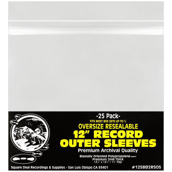 (25) 12" Resealable OVERSIZE Record Outer Sleeves - Super Clear Premium 2 Mil Thick Archival Quality BOPP - 13-7/8" x 13-1/4" 1-5/8" Flap - FITS MOST BOX SETS UP TO 7/8" THICK #12SB02RSOS