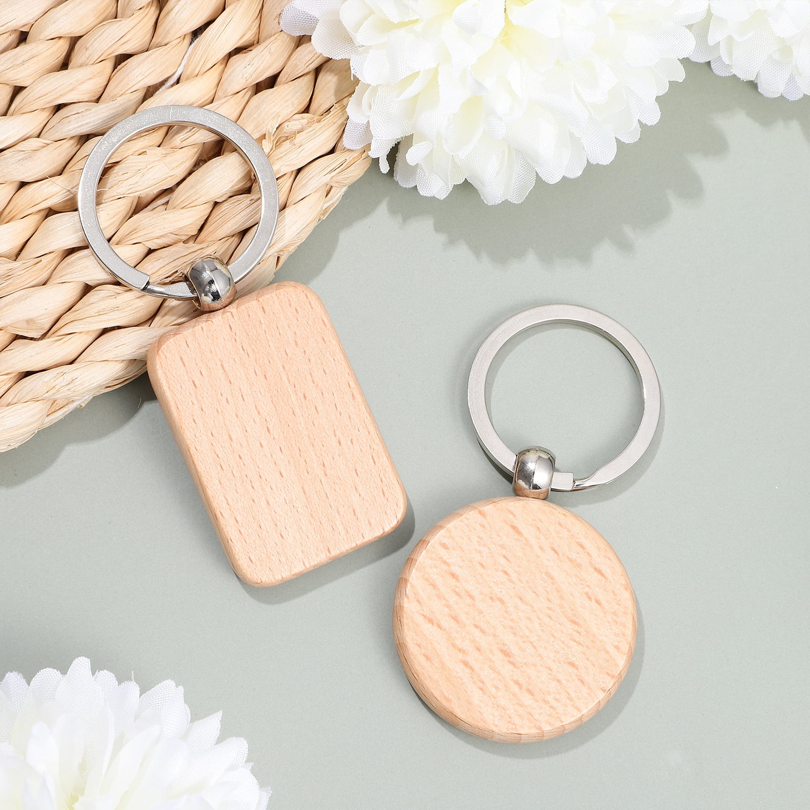 MLINS 40 Pcs Blank Wooden Key Tag Keychains Rectangle and Round Shape Wood Pendant Keyrings