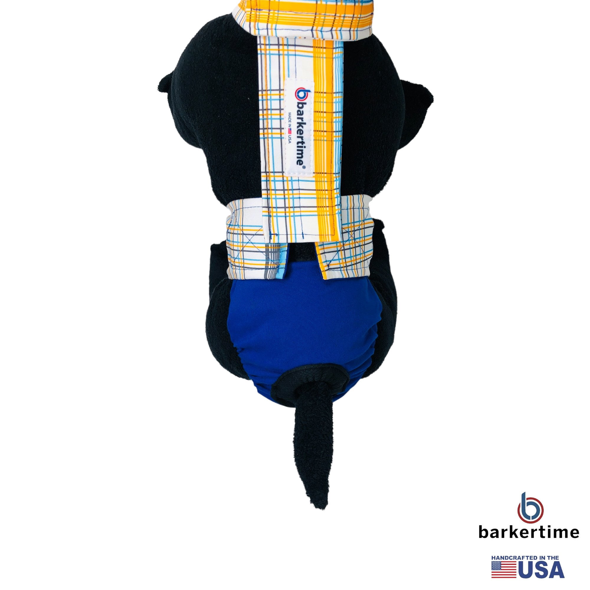 Barkertime Blue Yellow Plaid on Blue Dog Diaper Overall
